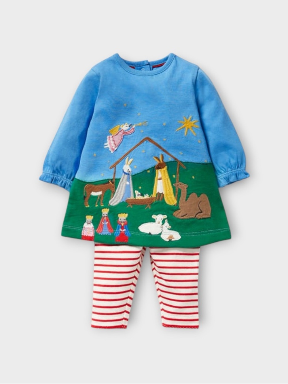 Mini Boden Holiday Nativity Scene Applique Dress & Stripe Leggings Matching Set